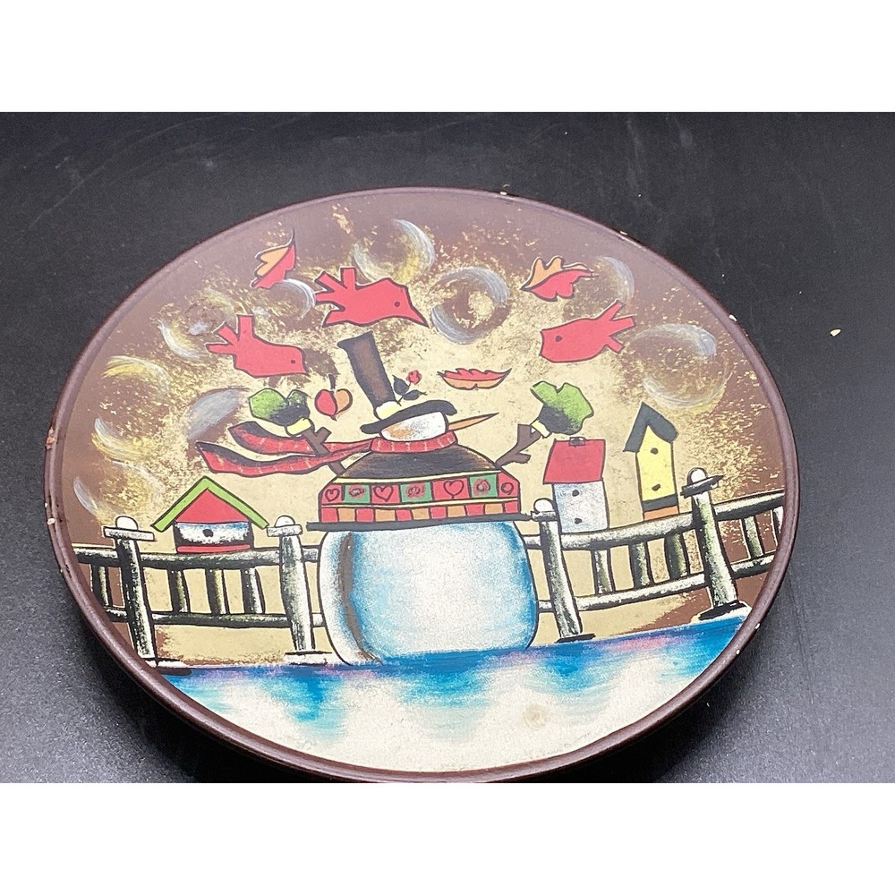 Miniature Snowman Scene Plate Winter Christmas‎ Holiday Decor 4.75" Diameter